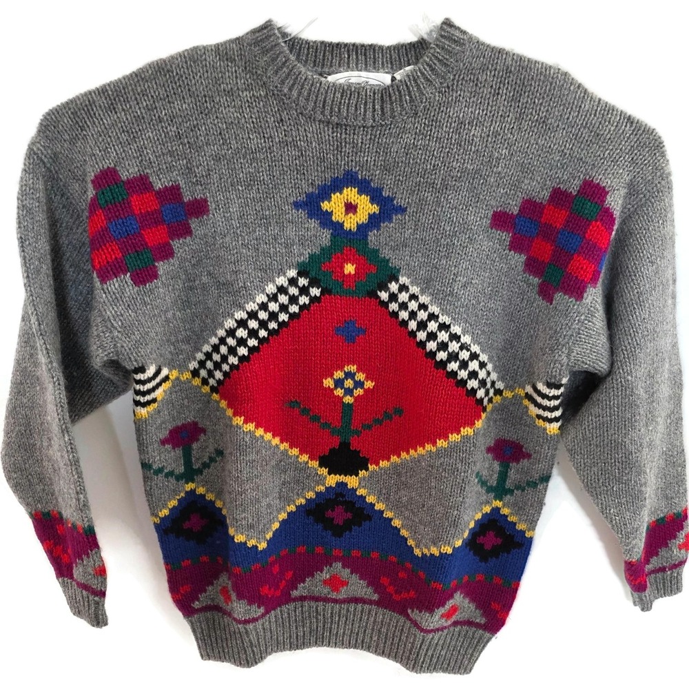 Vintage Jayson Younger Sweater Womens Small‎ Gray Shetland Geometric Wool Knit